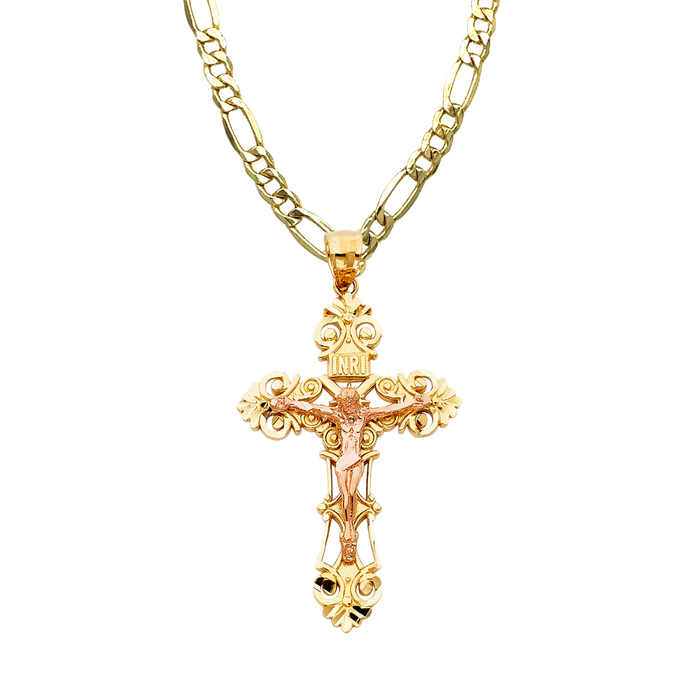 14k Rose Gold Ornate Jesus Cross with Solid Figaro Chain - LE-0976