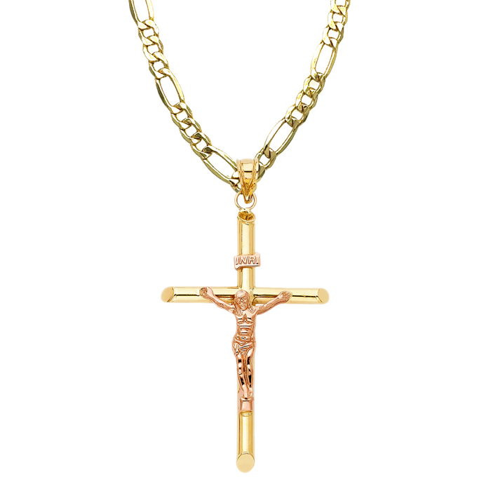 14k Large Rose Gold Jesus Cross with Solid Figaro Chain - LE-0853