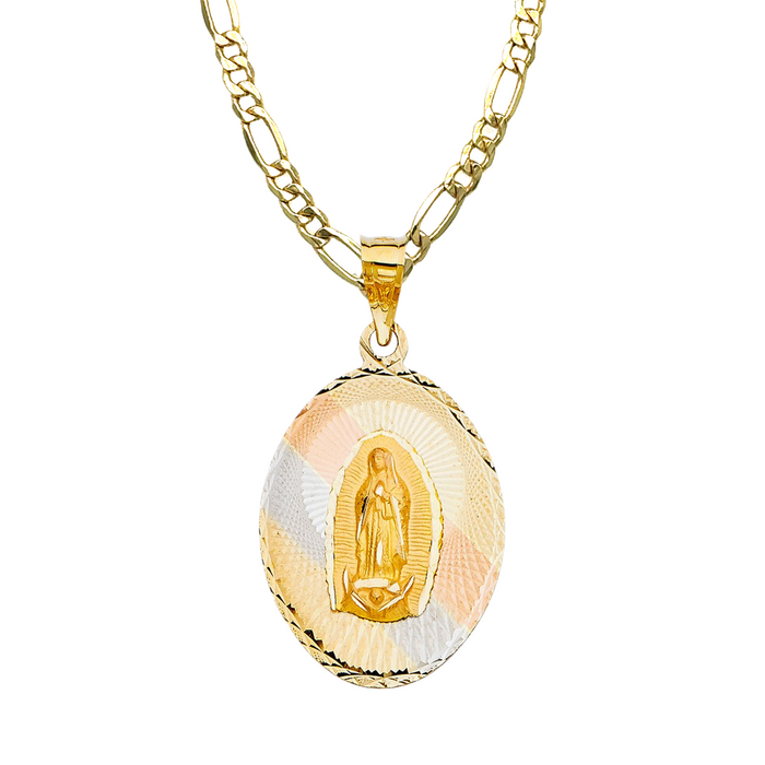 14k Virgin Mary TriColor Gold Oval Pendant with Solid Figaro Chain - LE-321