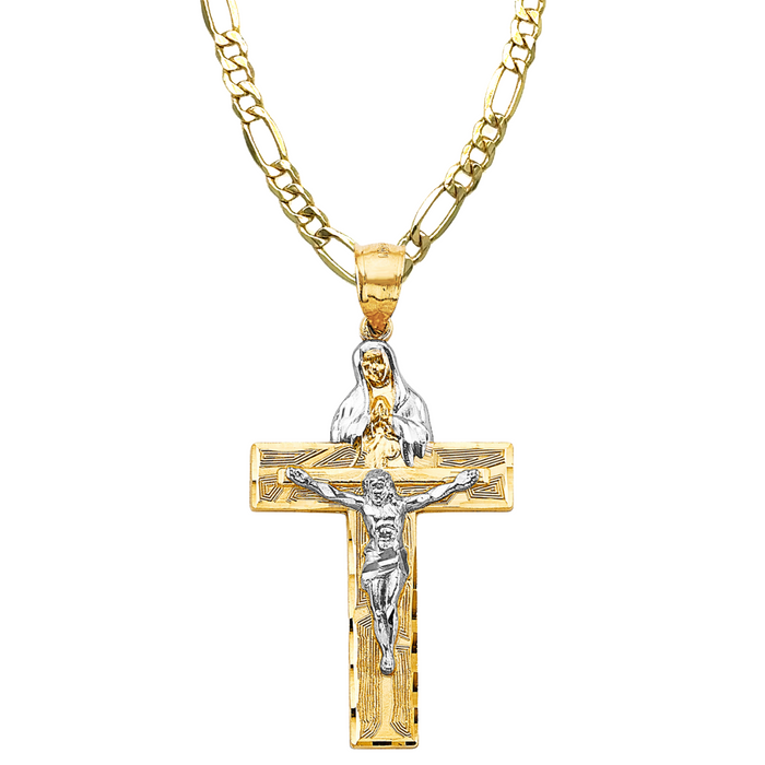 14k Two Tone Gold Jesus Virgin Mary Cross with Solid Figaro Chain - LE-2594