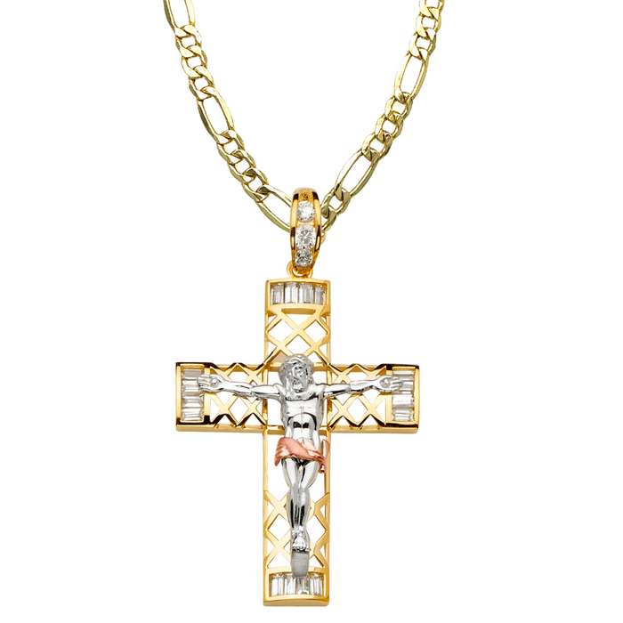 14k Two Tone Large Gold Gemstone Jesus Cross with Solid Figaro Chain - LE-2156