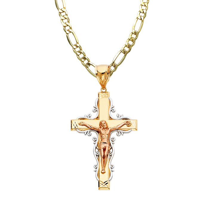 14k Three Color Gold Ornate Jesus Cross with Solid Figaro Chain - LE-0973