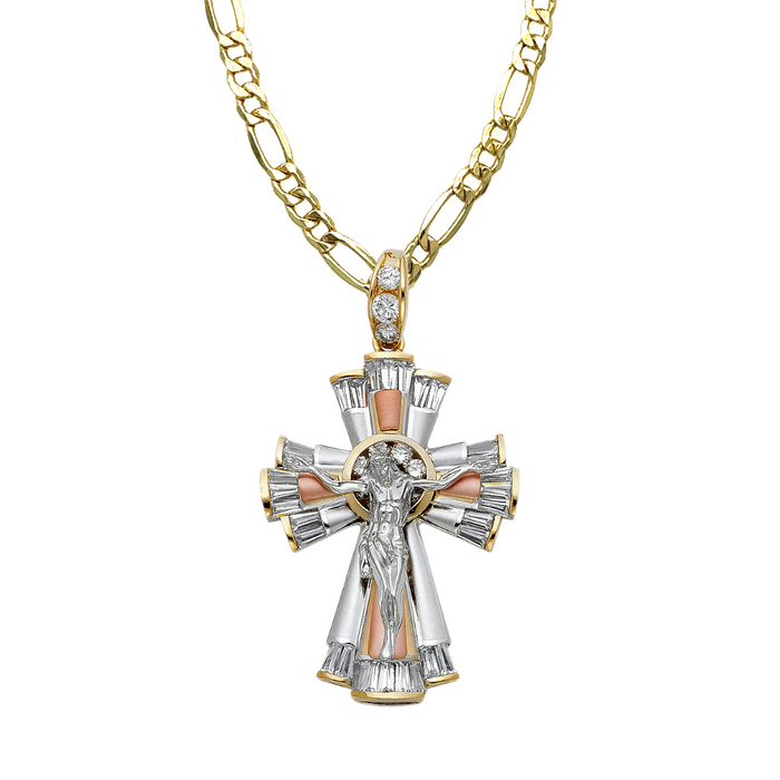 14k TriGold Jesus Gemstone Cross with Solid Figaro Chain - LE-0933