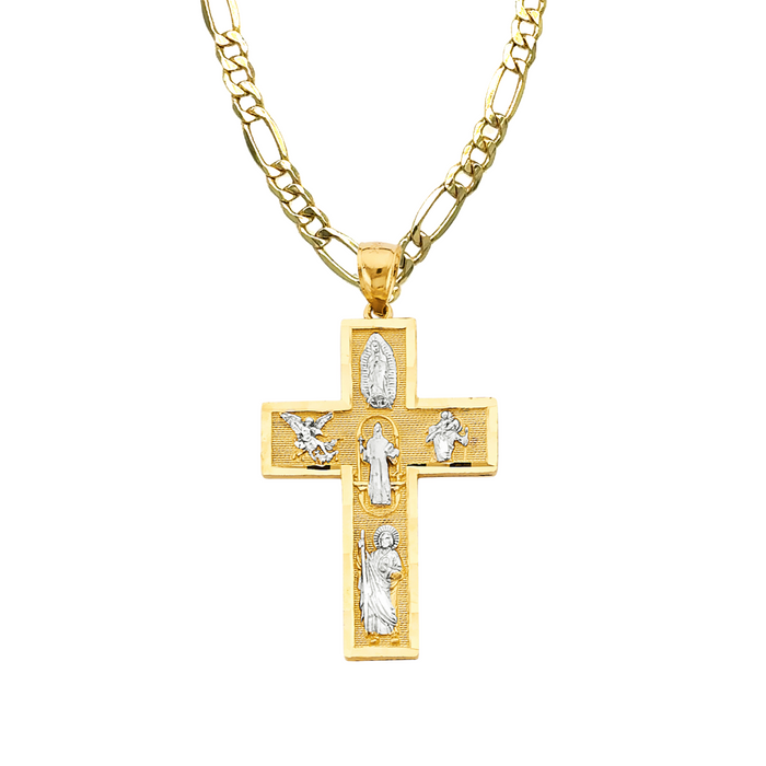 14k Gold Virign Mary Saint Jude Saint Michael Saint Benito Cross with Solid Figaro Chain - LE-2954