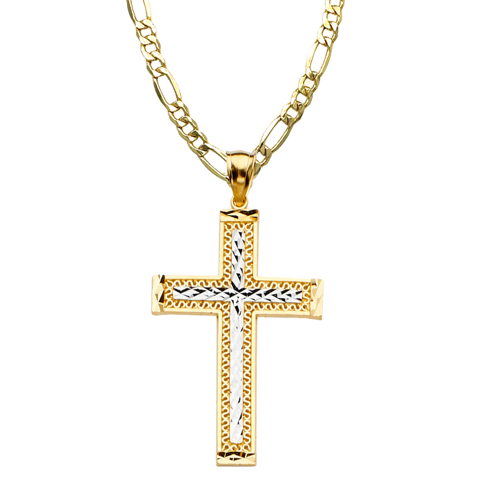 14k Gold Two Tone Cross with Solid Figaro Chain - LE-2206