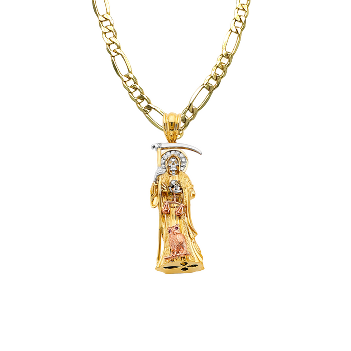 14k Santa Muerte 3D Full Body Pendant with Solid Figaro Chain - LE-3009