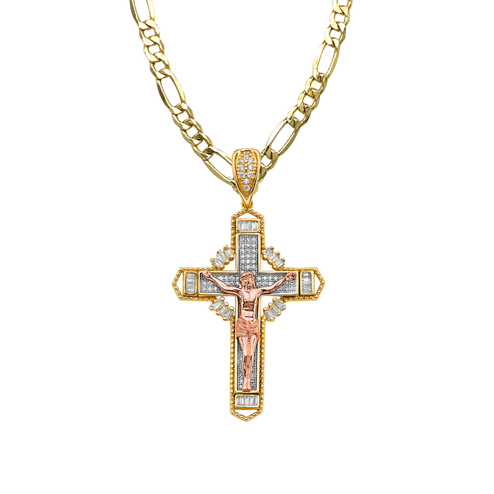 14k TriTone Gold Jesus Gemstone Cross with Solid Figaro Chain - LE-3045