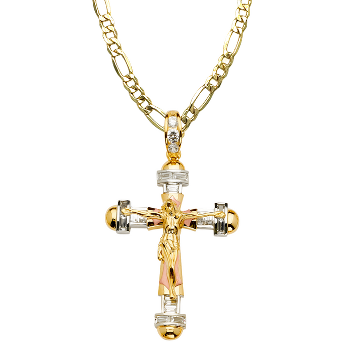 14k Gold Jesus Gemstone Cross with Solid Figaro Chain - LE-2157