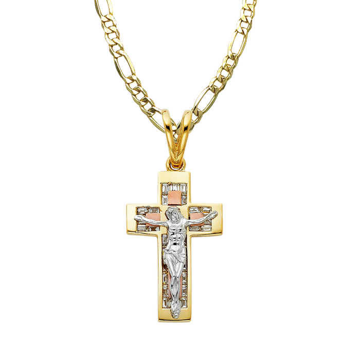 14k Two Tone Gold Jesus Gemstone Cross with Solid Figaro Chain - LE-0940