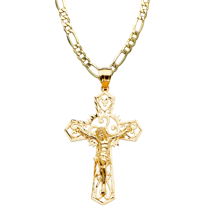 14k Gold Jesus Cross with Solid Figaro Chain - LE-2179