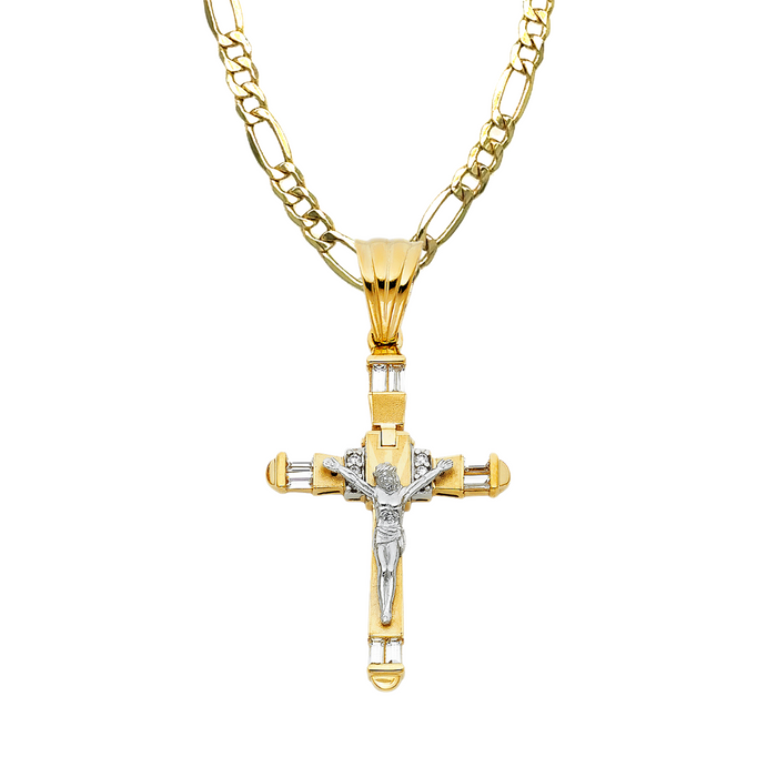 14k Gold Jesus Gemstone Cross with Solid Figaro Chain - LE-0926