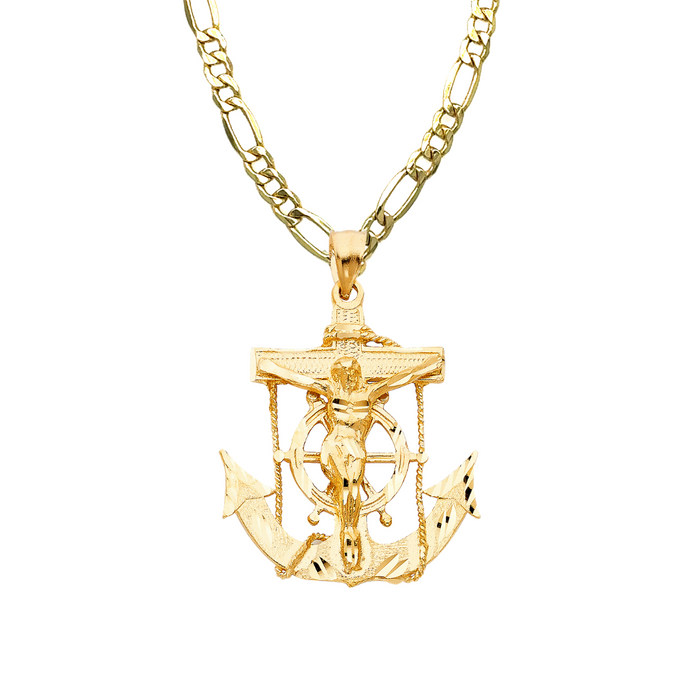 14k Gold Jesus Anchor Mariner Pendant with Solid Chain - LE-1222