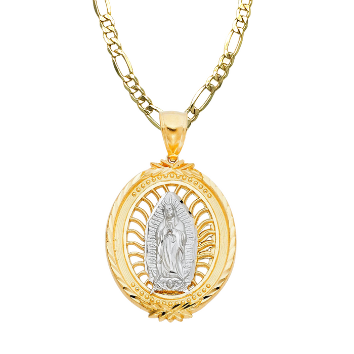 14k Large Radiant Virgin Mary Pendant with Solid Figaro Chain - LE-PT1101