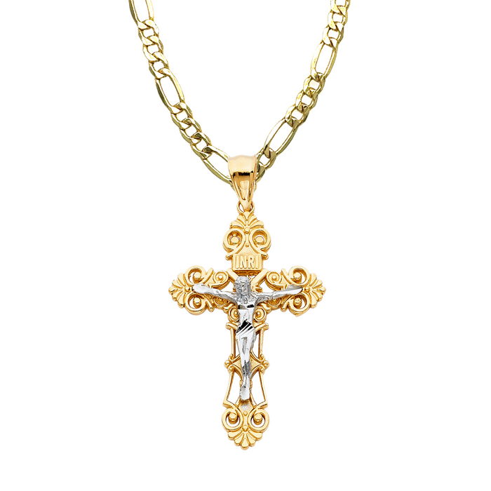 14k Two Tone Gold Ornate Jesus Cross with Solid Figaro Chain - LE-0975