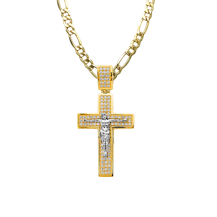 14k Gold Jesus Gemstone Cross with Solid Figaro Chain - LE-2920