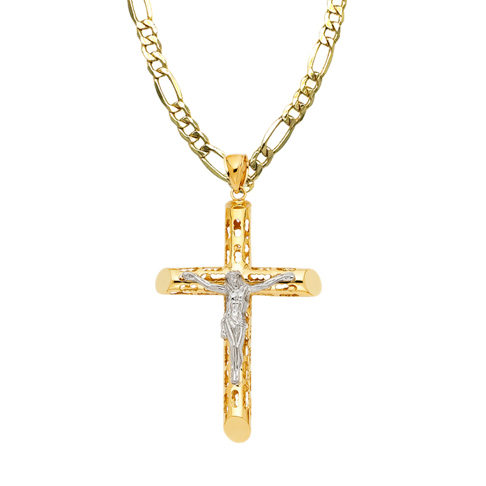 14k Two Tone Gold Turkish Jesus Cross with Solid Figaro Chain - LE-1212