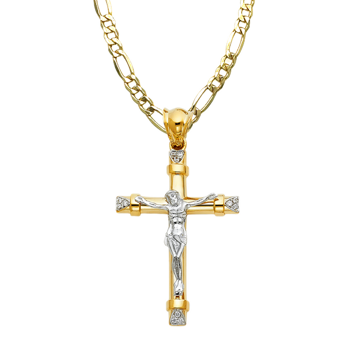 14k Gold Jesus Gemstone Cross with Solid Figaro Chain - LE-0928