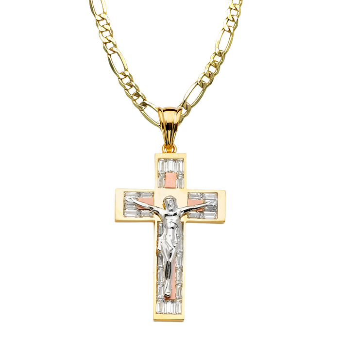 14k Large Two Tone Gold Jesus Gemstone Cross with Solid Figaro Chain - LE-2159