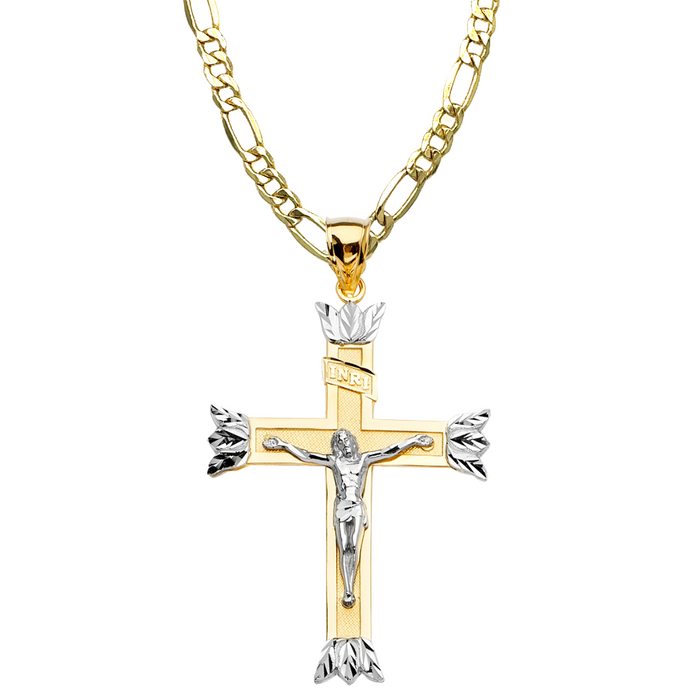 14k Two Tone Large Gold Jesus Cross with Solid Figaro Chain - LE-2177