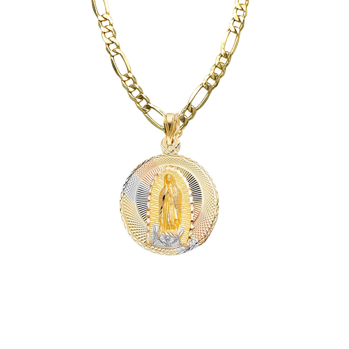 14k Virgin Mary Sacred Heart Gold Pendant with Solid Figaro Chain - LE-310