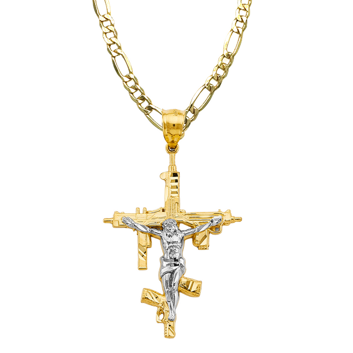 14k Two Tone Gold Jesus Gun Cross with Solid Figaro Chain - LE-2944