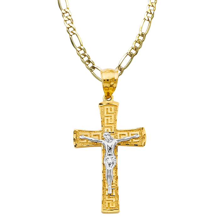 14k Gold Greek Design Jesus Cross with Solid Figaro Chain - LE-2948