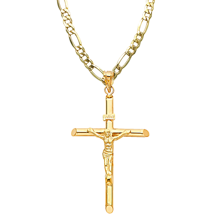 14k Large Jesus Gold Cross with Solid Figaro Chain - LE-0836