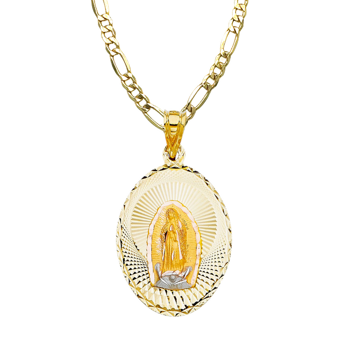 14k Virgin Mary Yellow Gold Pendant Oval with Solid Figaro Chain - LE-328