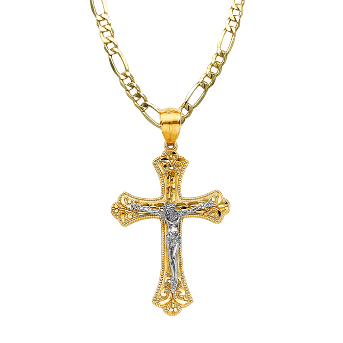 14k Two Tone Gold Jesus Cross with Solid Figaro Chain - LE-2593