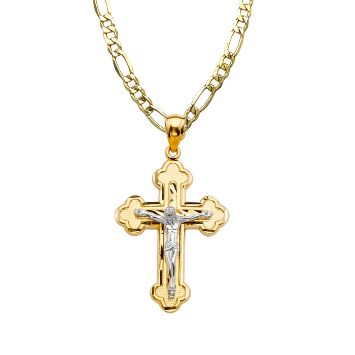 14k Two Tone Gold Jesus Cross with Solid Figaro Chain - LE-2185