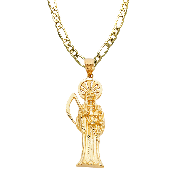 14k Large Santa Muerte Gold Diamond Cut Pendant with Solid Figaro Chain - LE-1156