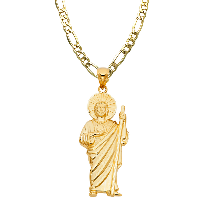 14k San Judas Gold Large Diamond Cut Pendant with Solid Chain - LE-1136