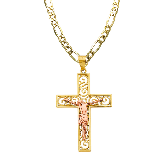 14k Rose Gold Filigrano Jesus Cross with Solid Figaro Chain - LE-2947