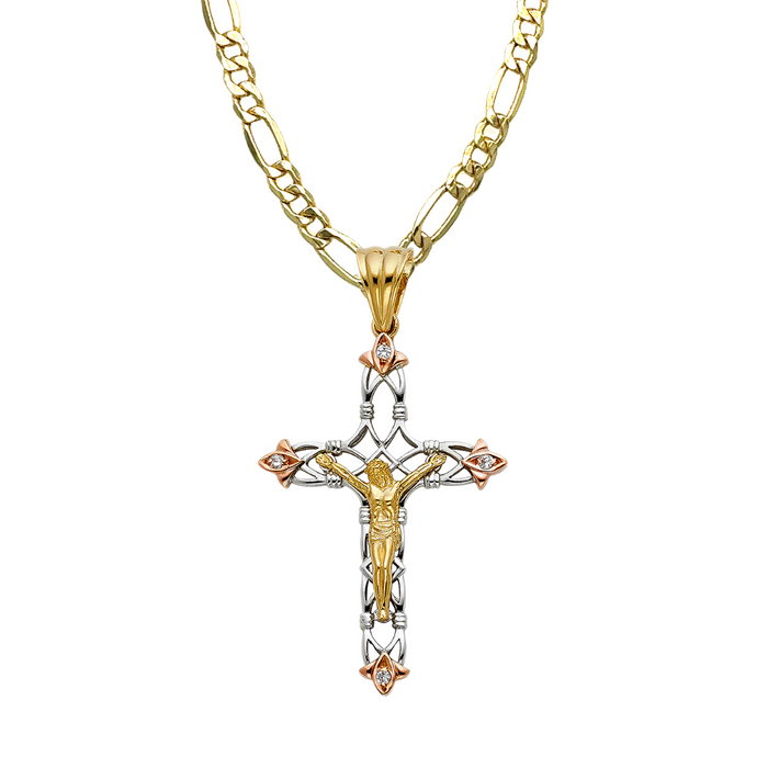 14k Two Tone Gold Jesus Cross with Solid Figaro Chain - LE-0936