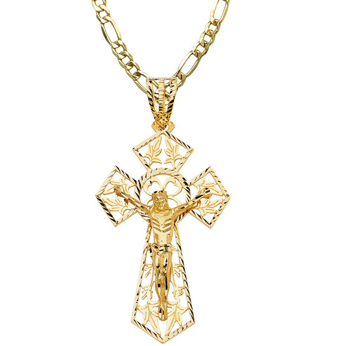 14k Large Gold Jesus Cross with Solid Figaro Chain - LE-1209