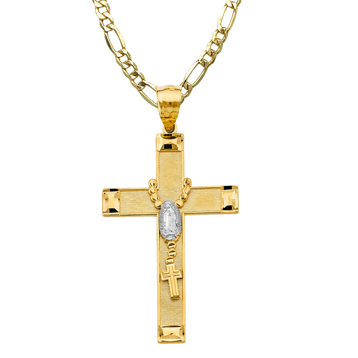 14k Gold XLarge Virgin Mary Rosary Cross with Solid Figaro Chain - LE-2955