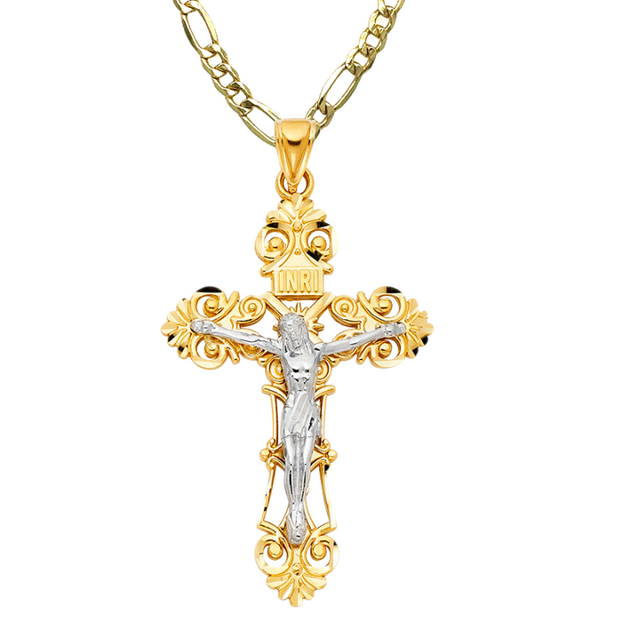 14k Two Tone Gold Large Ornate Jesus Cross with Solid Figaro Chain - LE-1211