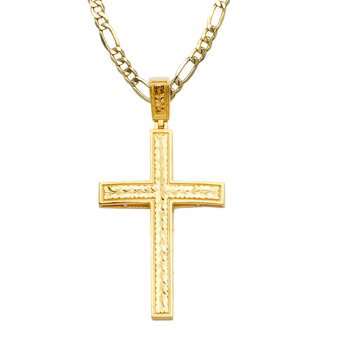 14k Gold XLarge Diamond Cut Cross with Solid Figaro Chain - LE-2204