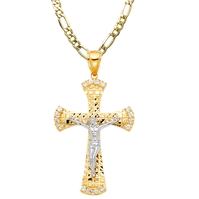 14k Two Tone Gold Gemstone Jesus Cross with Solid Figaro Chain - LE-1216