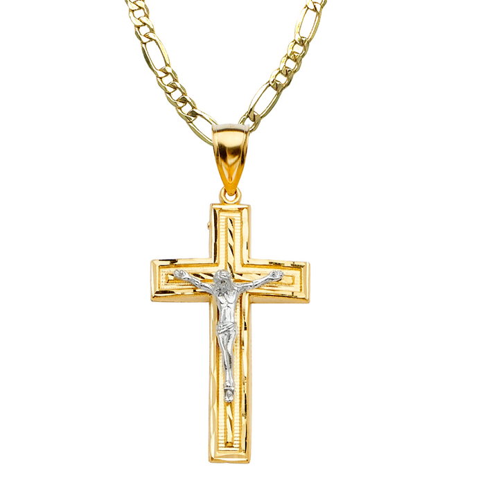 14k Two Tone Gold Jesus Cross with Solid Figaro Chain - LE-2178