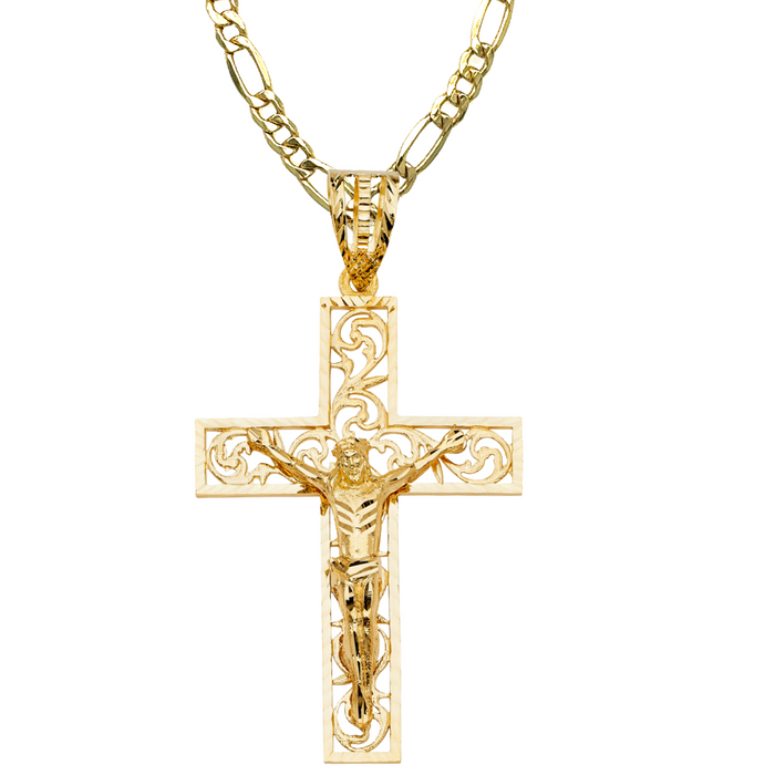 14k Large Gold Jesus Cross with Solid Figaro Chain - LE-2203