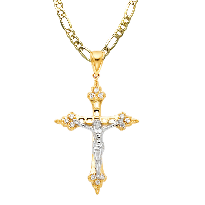 14k Two Tone Gold Gemstone Jesus Cross with Solid Figaro Chain - LE-1218