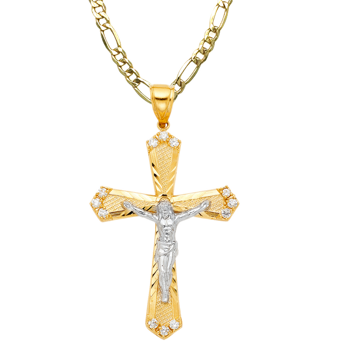 14k Two Tone Gold Gemstone Jesus Cross with Solid Figaro Chain - LE-1217