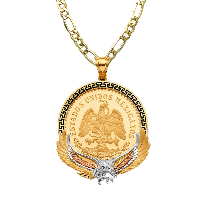 14k Gold Two Tone Coin Centenario Aguila Design with Solid Figaro Chain - LE-2760