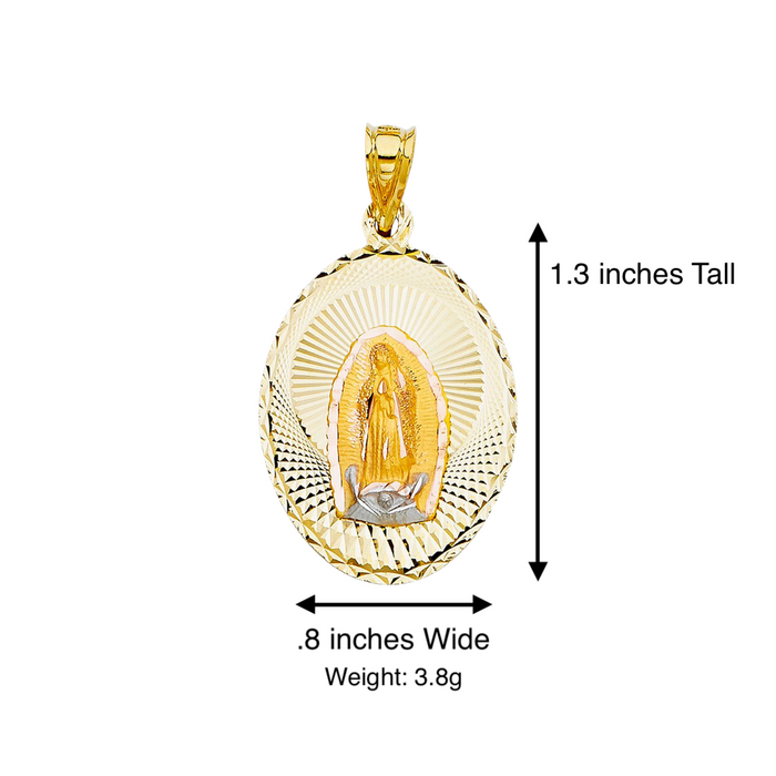 14k Virgin Mary Yellow Gold Pendant Oval with Solid Figaro Chain - LE-328