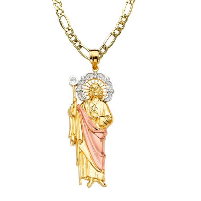 14k San Judas Gold Large Gemstone Pendant with Solid Chain - LE-2242