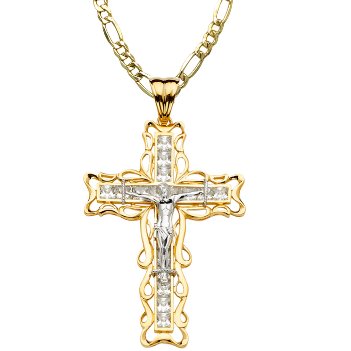 14k Two Tone Large Gold Gemstone Jesus Cross with Solid Figaro Chain - LE-2154