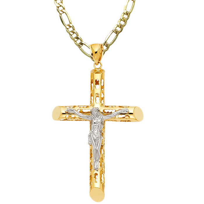 14k Two Tone Large Gold Jesus Turkish Cross with Solid Figaro Chain - LE-1214