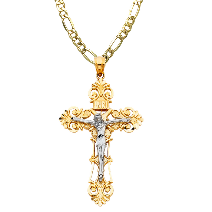 14k Two Tone Gold Ornate Jesus Cross with Solid Figaro Chain - LE-0974