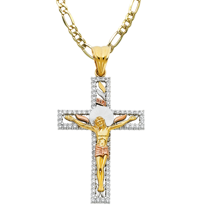 14k Gold Jesus Gemstone Cross with Solid Figaro Chain - LE-0927